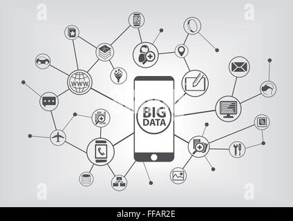 Dati di grandi dimensioni e di concetto di mobilità con i dispositivi collegati come smart phone. Esso simboli su sfondo grigio. Illustrazione Vettoriale