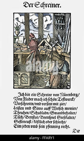 JOINER, 1568. /NA falegname, produttore di mobili raffinati, nella sua officina a Norimberga. Xilografia, 1568, da Jost Amman. Foto Stock