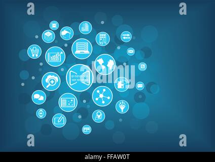 Concetto di digitalizzazione del business. Illustrazione Vettoriale delle varie icone relative alla business digitale come i dispositivi mobili Illustrazione Vettoriale
