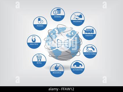 Business digitale illustrazione vettoriale. Icone del digitale a livello globale nei settori bancario e assicurativo, della logistica e della produzione Illustrazione Vettoriale