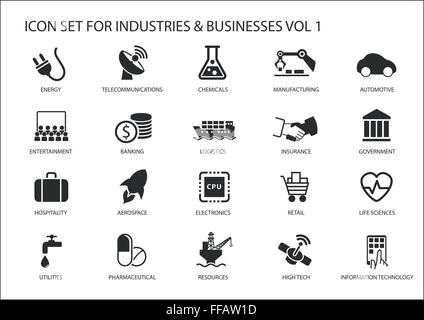 Business icone e simboli dei vari settori / Settori di business come il settore dei servizi finanziari, automotive, scienze della vita, Illustrazione Vettoriale