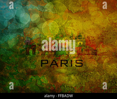 Parigi Francia dello skyline della città con spruzzi di vernice Abstract onn Grunge Texture colore di sfondo immagine Foto Stock