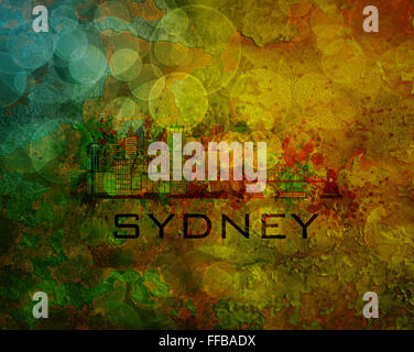 Sydney Australia dello skyline della città con spruzzi di vernice Abstract onn Grunge Texture colore di sfondo immagine Foto Stock