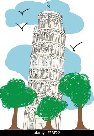 Torre di Pisa - disegnato a mano illustrazione vettoriale per riviste o giornali Illustrazione Vettoriale