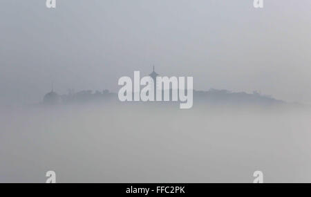 Wenzhou, cinese della Provincia di Zhejiang. 12 Feb, 2016. Una pagoda è visto nella nebbia in Ruian, est della Cina di Provincia dello Zhejiang, Feb 12, 2016. A est della Cina è stata colpita dalla nebbia venerdì. Credito: Zhuang Yingchang/Xinhua/Alamy Live News Foto Stock