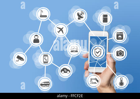 Internet delle cose il concetto di sicurezza illustrata a mano azienda moderne smart phone con sensori collegati in oggetti. Foto Stock