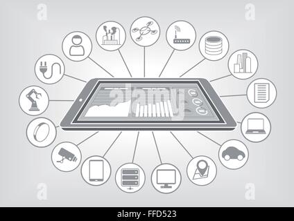 Piatto bianco e grigio design illustrazione vettoriale con smart phone e big cloud dati analytics dashboard per internet delle cose. Illustrazione Vettoriale