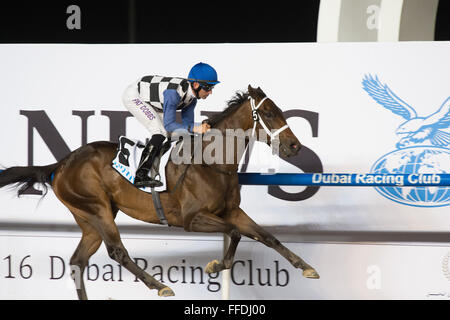 Meydan, 11 febbraio, 2016. Pat Dobbs gite sul fiume polare per win UAE 1000 Guinea per istruttore Doug Watson a Meydan in Dubai World Cup Carnival Credit: Tom Morgan/Alamy Live News Foto Stock