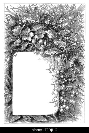 Bianco e nero incisione di agrifoglio e vischio che circonda un pannello bianco. Foto Stock