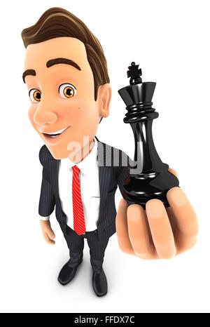 3d imprenditore tenendo un re di scacchi, isolato sfondo bianco Foto Stock