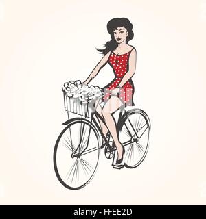 Ragazza su una bicicletta con cesto di fiori di primavera. Illustrazione in stile retrò. Illustrazione Vettoriale