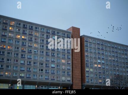 Vecchio GDR-alti edifici con appartamenti sono visibili nella ex Germania Est parte della città nel centro di Berlino il 17 gennaio 2016. Foto: Wolfram Steinberg/dpa Foto Stock