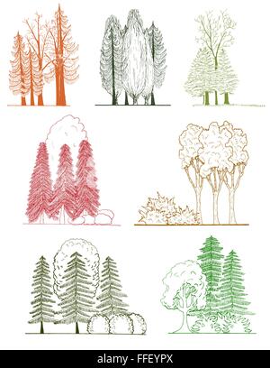 Una serie di sagome ad albero , per architettonici o landscape design Illustrazione Vettoriale