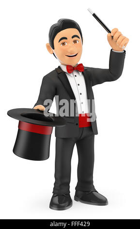3d il filtro bow tie persone. Il mago con il cappello e la bacchetta magica isolati a sfondo bianco. Foto Stock