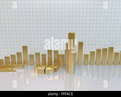 Golden chart concetto aziendale con molti oggetti di statistica Foto Stock