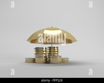 3d immagine: proteggere i fondi ombrello copre le monete d'oro su sfondo bianco Foto Stock