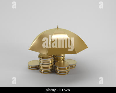 3d immagine: proteggere i fondi ombrello copre le monete d'oro su sfondo bianco Foto Stock