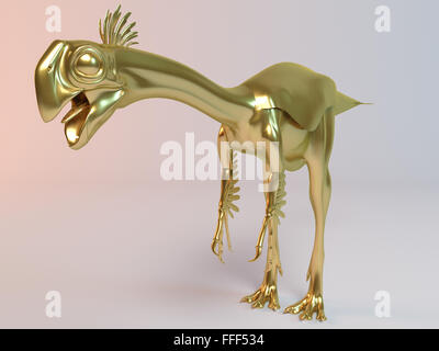 Golden 3d dinosauro dentro un palcoscenico bianco Foto Stock