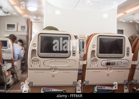 Cabina di un380 double decker Singapore Airlines Airbus all'Aeroporto Changi di Singapore, lasciando per Londra. Foto Stock