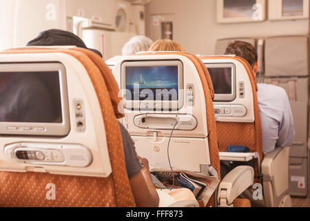 Cabina di un380 double decker Singapore Airlines Airbus all'Aeroporto Changi di Singapore, lasciando per Londra. Foto Stock