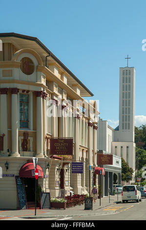 County Hotel e la Cattedrale, Napier, Hawke's Bay, Nuova Zelanda Foto Stock