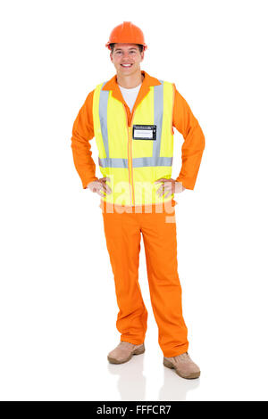 Bel giovane ingegnere isolato su sfondo bianco Foto Stock