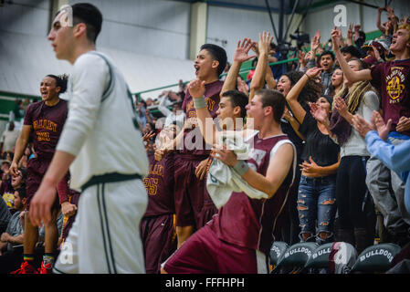 Albuquerque, Nuovo Messico, Stati Uniti d'America. 12 Feb, 2016. Ufficiale.La valle boys basket erutta da banco come vichinghi prendere il conduttore contro Albuquerque alta tardi nel gioco a Albuquerque alta venerdì sera. Albuquerque, New Mexico © Roberto E. Rosales/Albuquerque ufficiale/ZUMA filo/Alamy Live News Foto Stock