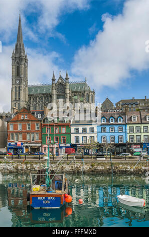 Porto e Cattedrale di St.Colemans della città costiera, Cobh, Cork, Irlanda Foto Stock