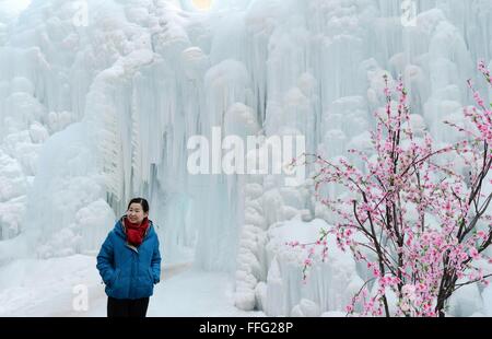 Shijiazhuang cinese nella provincia di Hebei. Xiii Febbraio, 2016. La gente visita la cascata ghiacciata al sangue Fairy Spring di Shijiazhuang, capitale del nord della Cina di nella provincia di Hebei, Feb 13, 2016. Credito: Wang Xiao/Xinhua/Alamy Live News Foto Stock