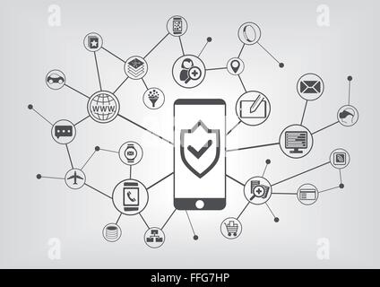 Mobile il concetto di sicurezza per i telefoni intelligenti. Illustrazione Vettoriale sfondo con essa collegata simboli Illustrazione Vettoriale