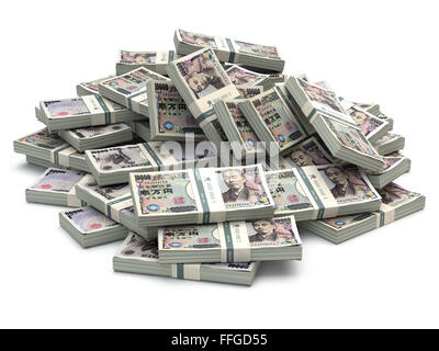 Cumulo di yen giapponese pack denaro isolato su bianco. 3d Foto Stock