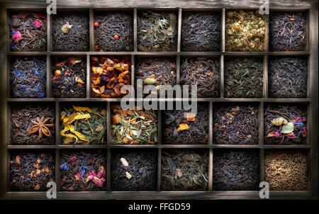 Vari tipi di tè in una scatola di legno Foto Stock