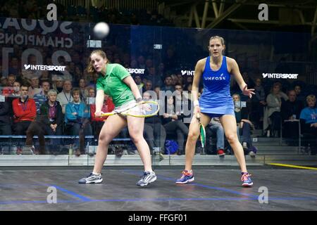 Nazionale centro squash, Manchester, Regno Unito. Xiii Febbraio, 2016. British National Squash campionati. Tesni Evans e Laura Massaro. Credito: Azione Sport Plus/Alamy Live News Foto Stock