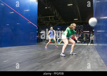 Nazionale centro squash, Manchester, Regno Unito. Xiii Febbraio, 2016. British National Squash campionati. Tesni Evans mira per la fotocamera. Credito: Azione Sport Plus/Alamy Live News Foto Stock