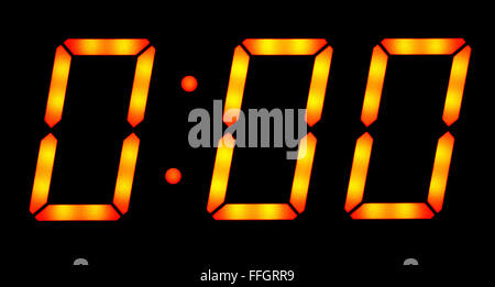 Orologio digitale visualizza zero ore zero minuti. Isolato su sfondo nero Foto Stock