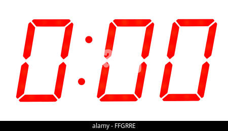 Orologio digitale visualizza zero ore zero minuti. Isolato su sfondo bianco Foto Stock