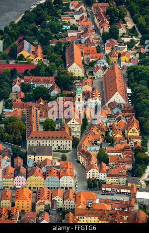 Vista aerea, Giebelhausensembel lo Stadtamhof e chiesa St.Mang con università della Chiesa cattolica la Musica e istruzione, Foto Stock