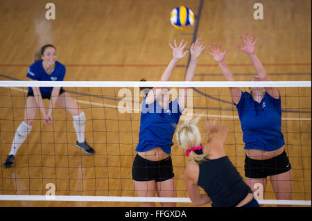 Membri della Air Force femminile di pallavolo team scrimmage contro la Utah State University gamma team a Hill Air Force Base, Utah. La Air Force team è stata la formazione e scrimmaging con locale club e squadre di college quotidianamente in preparazione per le forze All-Armed femminile di pallavolo torneo, dove la forza dell'aria potrà competere contro altri servizi militari. Foto Stock