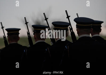 I membri dell'esercito il 3° Reggimento di Fanteria il cassettone plotone marzo lontano dopo aver onorato Army Air Forces Sgt. Charles A. Gardner presso il Cimitero Nazionale di Arlington in Arlington, Virginia Gardner, insieme con 11 dei suoi compagni di equipaggio, sono scomparsi il 10 aprile 1944, dopo il suo B-24D Liberatore è stato abbattuto su Nuova Guinea. Foto Stock