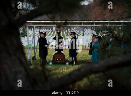 Sgt. Il Mag. Michael Callaghan-McCann (centro) saluta la bandiera degli Stati Uniti prima di lui lo presenta ad un membro della famiglia di esercito di Forze Aeree Sgt. Charles A. Gardner presso il Cimitero Nazionale di Arlington in Arlington, Virginia Gardner, insieme con 11 dei suoi compagni di equipaggio, sono scomparsi il 10 aprile 1944, dopo il suo B-24D Liberatore è stato abbattuto su Nuova Guinea. Callaghan-McCann è il primo battaglione, 3° Reggimento di Fanteria del comando del sergente maggiore. Foto Stock