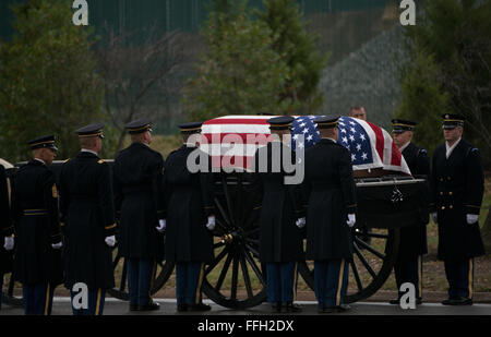 I membri dell'esercito il 3° Reggimento di Fanteria il cassettone plotone allineare per trasportare i resti di esercito di Forze Aeree Sgt. Charles A. Gardner a Arlington il Cimitero Nazionale di Arlington, Virginia Gardner, insieme con 11 dei suoi compagni di equipaggio, sono scomparsi il 10 aprile 1944, dopo il suo B-24D Liberatore è stato abbattuto su Nuova Guinea. Foto Stock