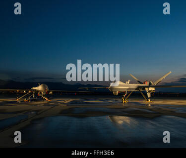 Un MQ-1 Predator e un MQ-9 Reaper assegnato all'432nd Manutenzione aeromobili squadrone rimangono pronti per la loro prossima missione a Creech Air Force Base in Nevada. I due velivoli hanno fornito intelligence, sorveglianza e ricognizione durante l'Operazione Iraqi Freedom e l Operazione Enduring Freedom. Foto Stock