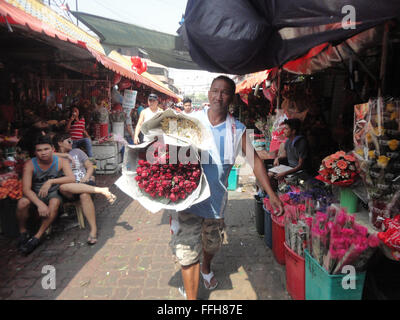 Manila, Filippine. Xiv Feb, 2016. Filippini portano mazzi di rose lungo il Dangwa mercato dei fiori a Manila nelle Filippine il giorno di San Valentino. Il giorno di San Valentino è celebrata il 14 febbraio di ogni anno. Credito: Richard James M. Mendoza/Pacific Press/Alamy Live News Foto Stock