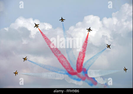 Singapore. Xiv Feb, 2016. Le Aquile nere dalla Corea del Sud Air Force effettua in media anteprima del volo acrobatico display del Singapore Airshow presso il Centro Fieristico Changi di Singapore, 14 febbraio, 2016. Due giorni prima dell'apertura del Singapore Airshow, gli elementi di supporto sono dato un assaggio del display dell'antenna dell'Asia la più grande industria aerospaziale e difesa mostra di domenica. Credito: Quindi Chih Wey/Xinhua/Alamy Live News Foto Stock