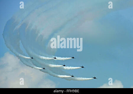 Singapore. Xiv Feb, 2016. Le Aquile nere dalla Corea del Sud Air Force effettua in media anteprima del volo acrobatico display del Singapore Airshow presso il Centro Fieristico Changi di Singapore, 14 febbraio, 2016. Due giorni prima dell'apertura del Singapore Airshow, gli elementi di supporto sono dato un assaggio del display dell'antenna dell'Asia la più grande industria aerospaziale e difesa mostra di domenica. Credito: Quindi Chih Wey/Xinhua/Alamy Live News Foto Stock