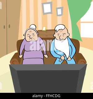 Vecchia coppia guardando la TV Senior l uomo e la donna seduta sul divano Home Illustrazione Vettoriale