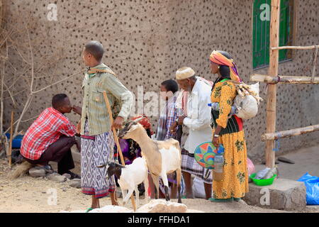 SENBETE, ETIOPIA-marzo 24: gruppo di famiglia trasporta gli articoli acquistati nel mercato di domenica il 24 marzo 2013. Città Senbete Foto Stock