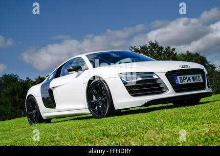 Un bianco Audi R8 in una giornata di sole sorgeva sull'erba Foto Stock