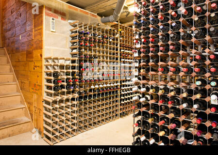 Raccolte di bottiglie di vino in rack in un fornitissimo privato. a temperatura controllata cantina del vino Foto Stock