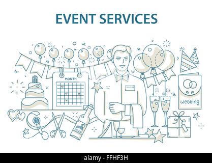 Doodle style design concept di evento speciale e felice festa di compleanno organizzazione servizio catering agency Illustrazione Vettoriale